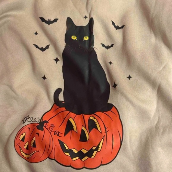 New Plus Halloween Black Cat Orange Pumpkin Print Thermal Lined Cream Sweatshirt - Picture 8 of 11